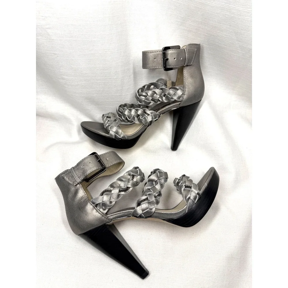 Michael Michael Kors Silver Metallic Braided Chain Platform Heels Sandals 7M